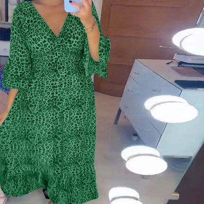 Vestido largo informal holgado estilo bohemio para mujer, elegante, de otoño, con escote en V profundo y estampado de leopardo para vacaciones en la playa