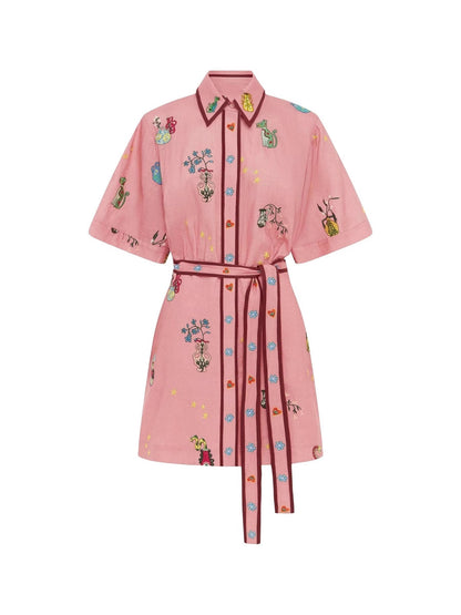 Vestido informal de lino con estampado de solapa y manga corta con cordones para mujer