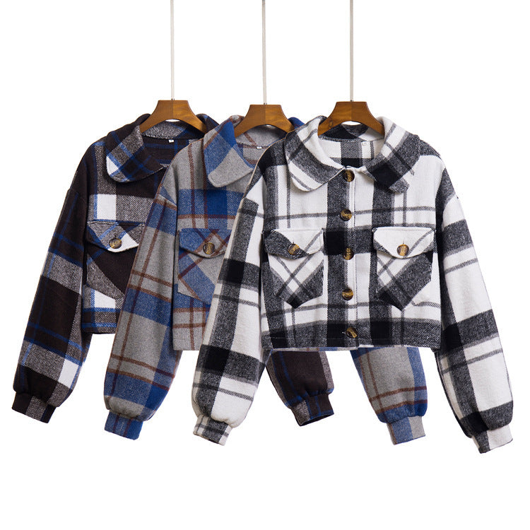 Women Elegant Casual Long-Sleeved Single-breasted Plaid Lapel Color Blocking Shacket