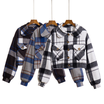 Women Elegant Casual Long-Sleeved Single-breasted Plaid Lapel Color Blocking Shacket