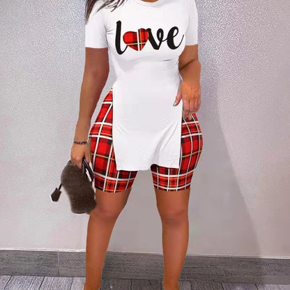 Conjunto de dos piezas de chándal informal para mujer, camiseta de manga corta con estampado de letras y pantalones cortos de motociclista.