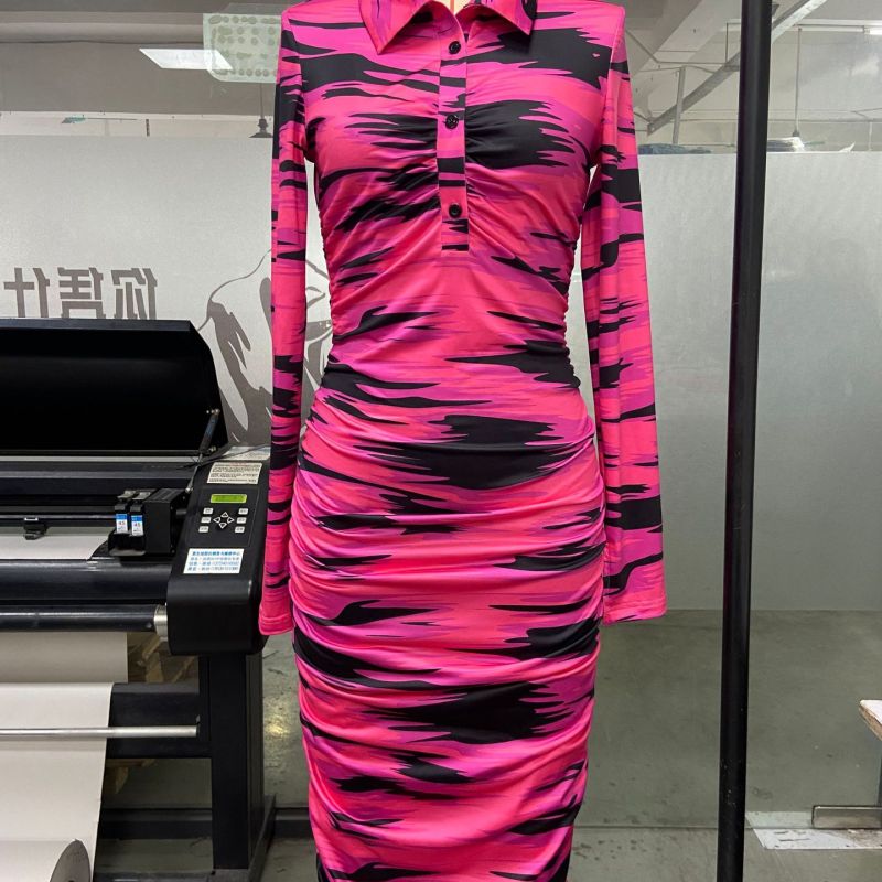 Women'S Fashion Casual Printing Long Sleeve Lapel Single-Breasted Dress