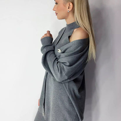 Conjunto de tres piezas de chaqueta y pantalones de manga larga para mujer, informal, holgado, de color liso, para otoño e invierno