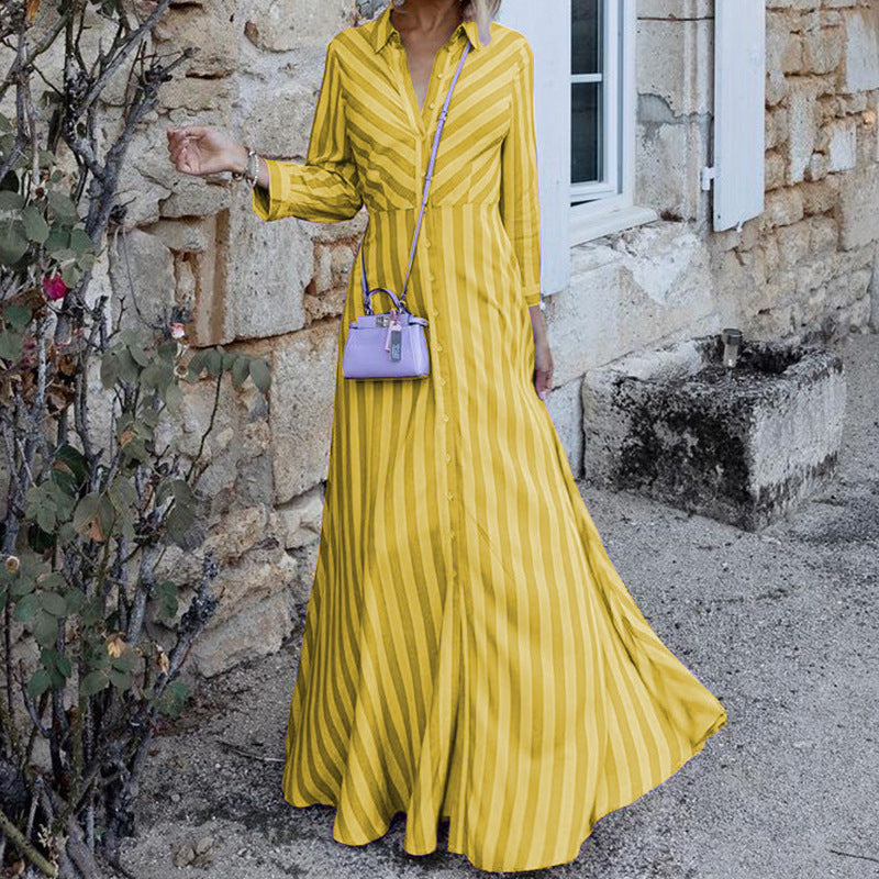 Women Fashion Casual Stripe Long Sleeve Maxi Shirt Dress