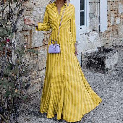 Women Fashion Casual Stripe Long Sleeve Maxi Shirt Dress
