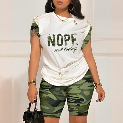 Women Summer Fashion Casual Round Neck Graphic Print Short Sleeve Top High Waist Shorts Set