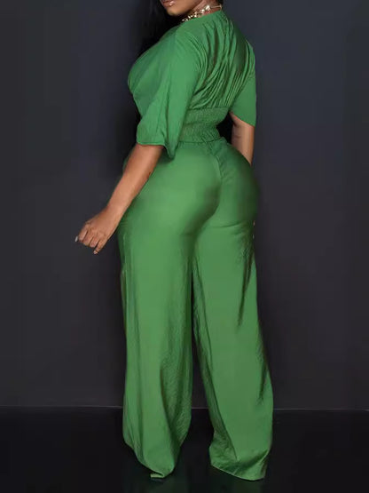 Women Casual Loose Solid Color V-Neck Short-Sleeve Jumpsuits