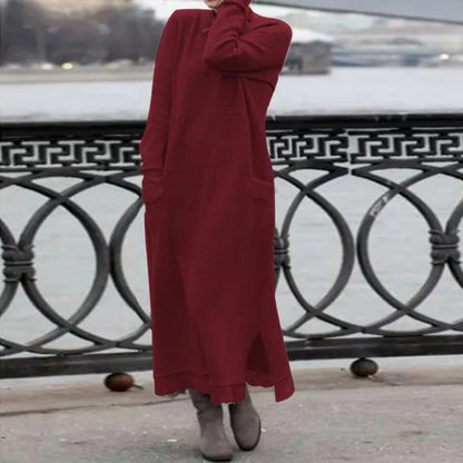 Vestido largo informal de otoño e invierno, holgado, de talla grande, de punto, con encaje, manga larga, bolsillos, color liso