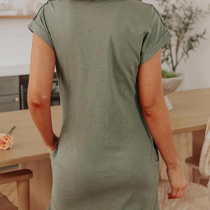 Women Fashion Casual Round Neck Solid Color Short Sleeve Dress
