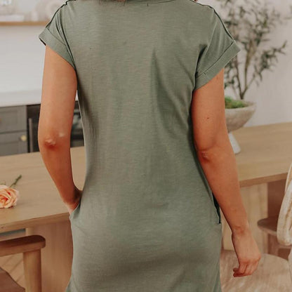 Women Fashion Casual Round Neck Solid Color Short Sleeve Dress
