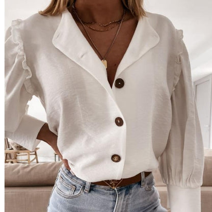 Blusa elegante básica informal de color liso con mangas cortas y volantes para mujer