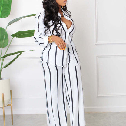 Women Stripe Print Long Sleeve Shirt Blouse Top And Wide Leg Pants Casual Two-Piece Set