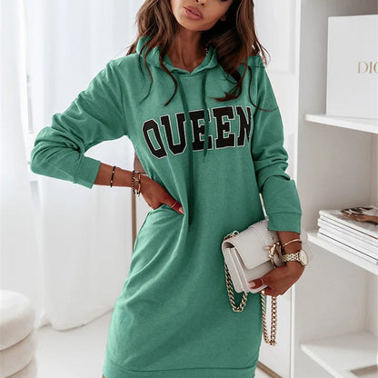 Autumn Winter Women Casual Long-Sleeved Hooded Letter Dress