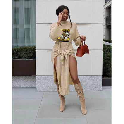 Women Casual Style Letter Cash Printing Pullover Rib-Knit Mid-Waist Bandage Dress