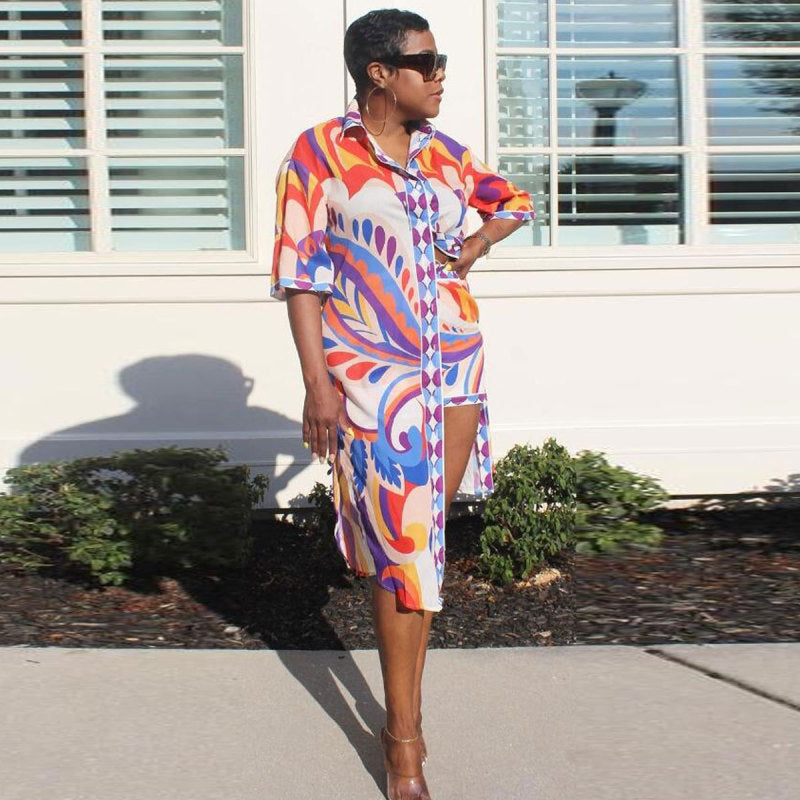 Conjunto de dos piezas de camisa larga y pantalones cortos de manga corta con estampado gráfico informal a la moda para mujer