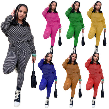 Conjunto de dos piezas de top y pantalón holgados informales de manga larga con cuello oblicuo y estampado a cuadros para mujer