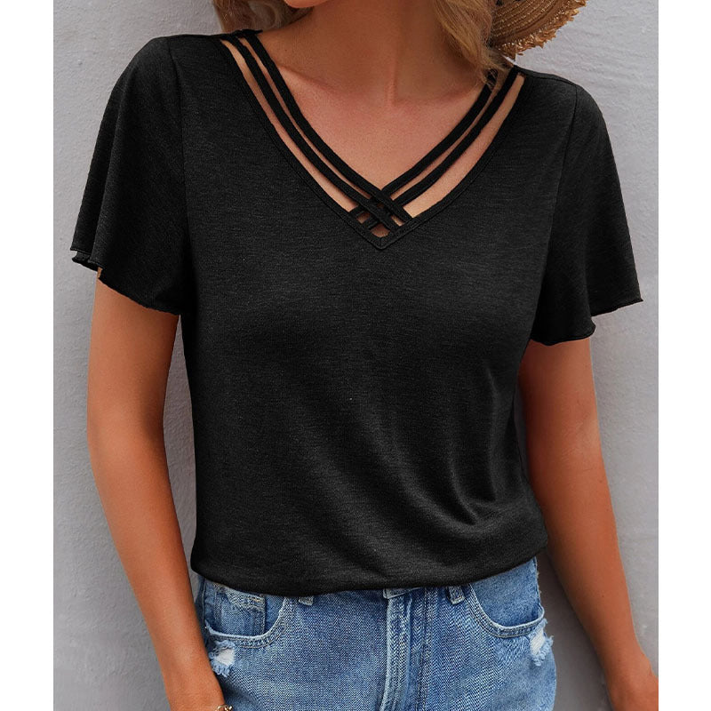 Camiseta informal de verano para mujer, con cuello en V y manga corta