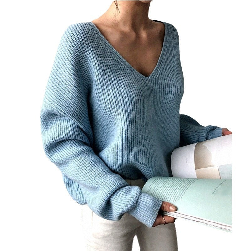 Autumn Winter Women Solid Color Casual V-Neck Long Sleeve Knitted Sweater