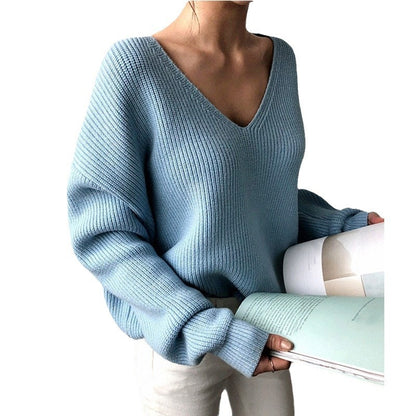 Autumn Winter Women Solid Color Casual V-Neck Long Sleeve Knitted Sweater