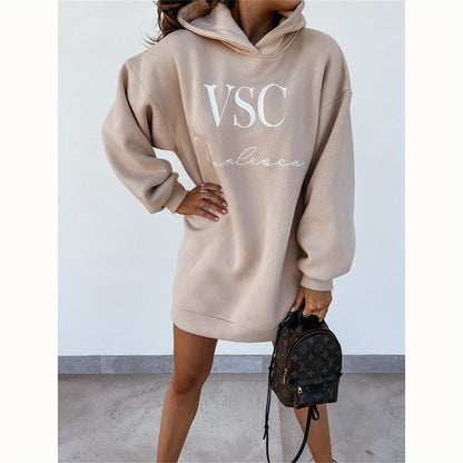 Women Autumn Winter Hooded Urban Casual Fashion Letter Printed Long Sleeves Dress