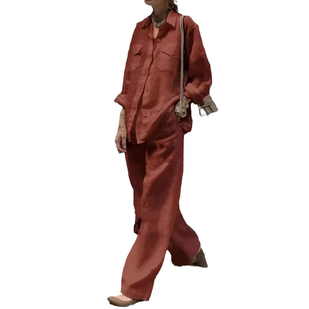 Conjunto de dos piezas de camisa y pantalones holgados de manga larga de color liso para mujer