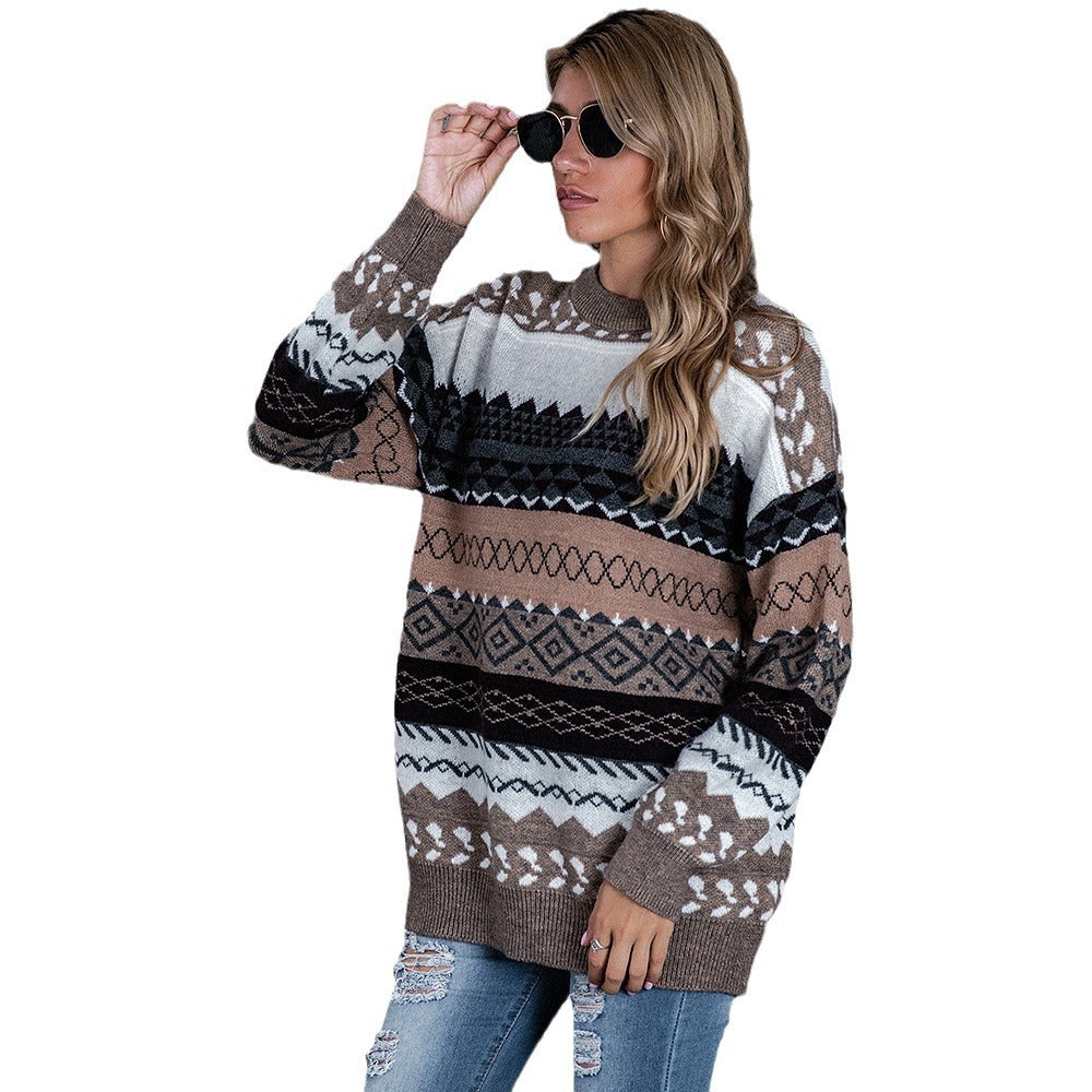 Women Casual Loose Geometric Round Neck Knitted Sweater