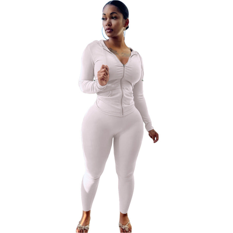 Conjunto deportivo informal para mujer, con capucha y pantalones ajustados, color liso, con cremallera