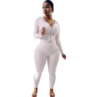 Conjunto deportivo informal para mujer, con capucha y pantalones ajustados, color liso, con cremallera