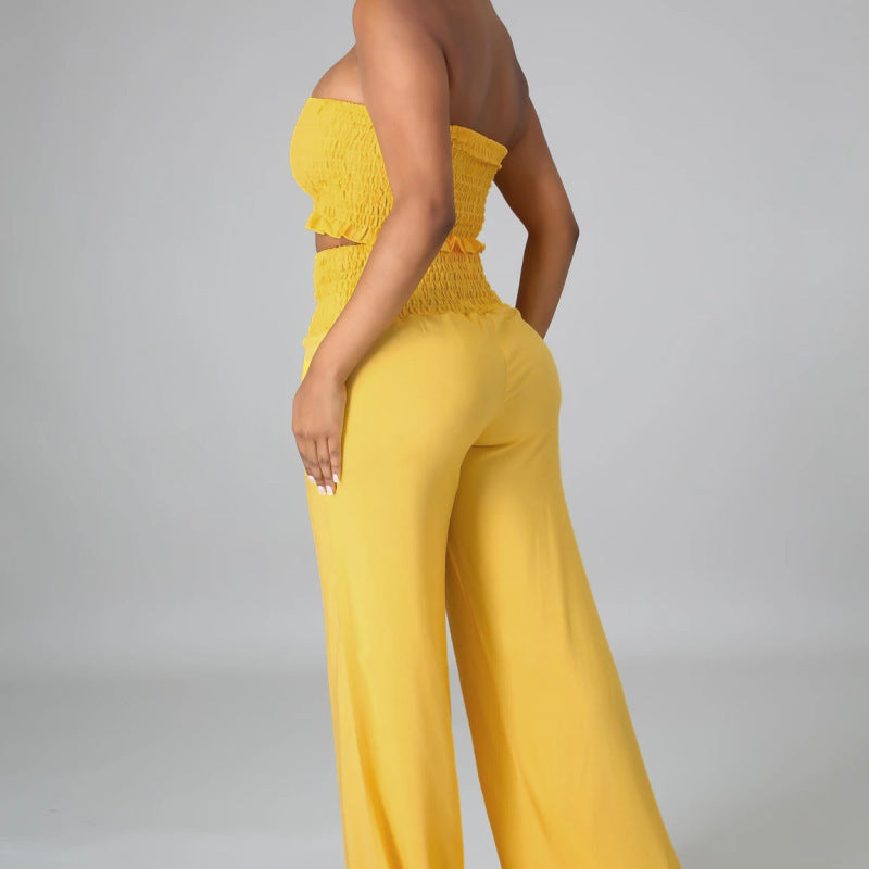 Conjunto de dos piezas para mujer, informal, elegante, de color liso, con top de tubo y pantalones holgados