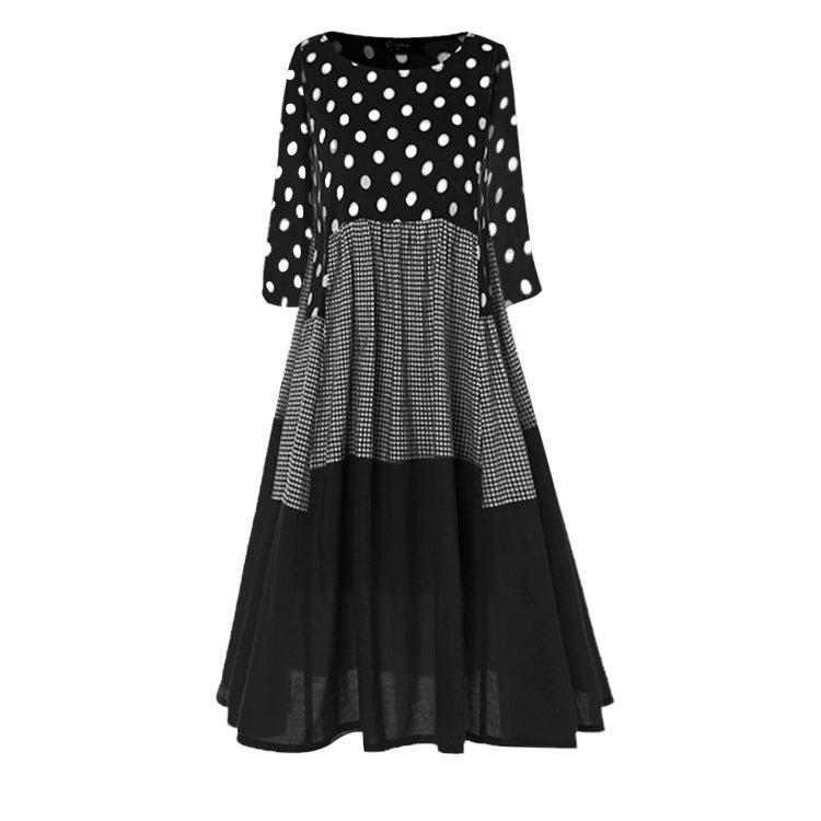 Plus Size Women Elegant Casual Round Neck Polka Dot Long Sleeves Color Blocking Patchwork Dress