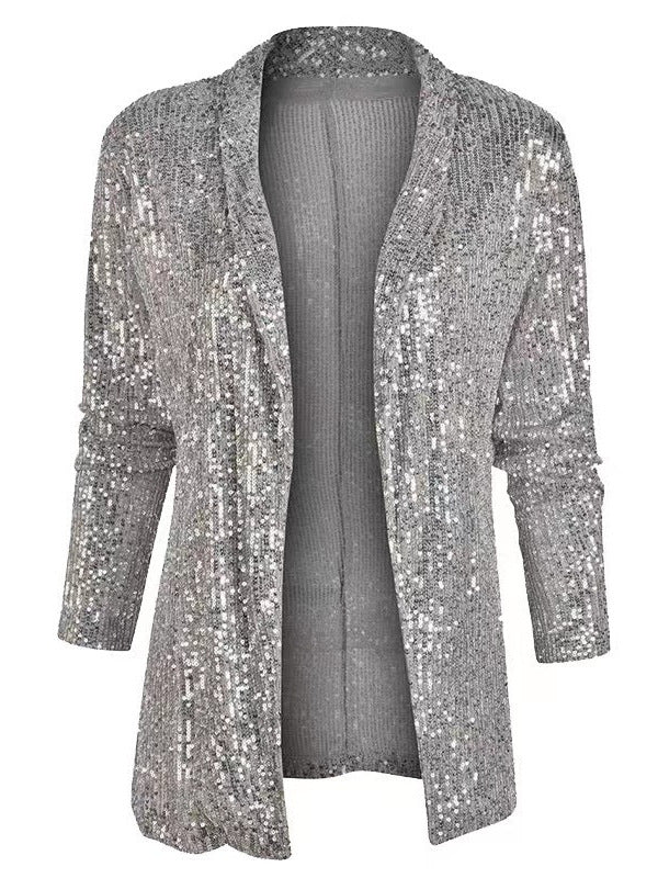 Chaqueta informal de lentejuelas de color liso y corte entallado para mujer