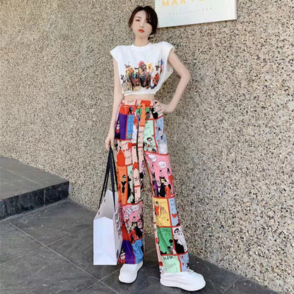 Conjunto de camiseta corta sin mangas con estampado informal para mujer y pantalones anchos
