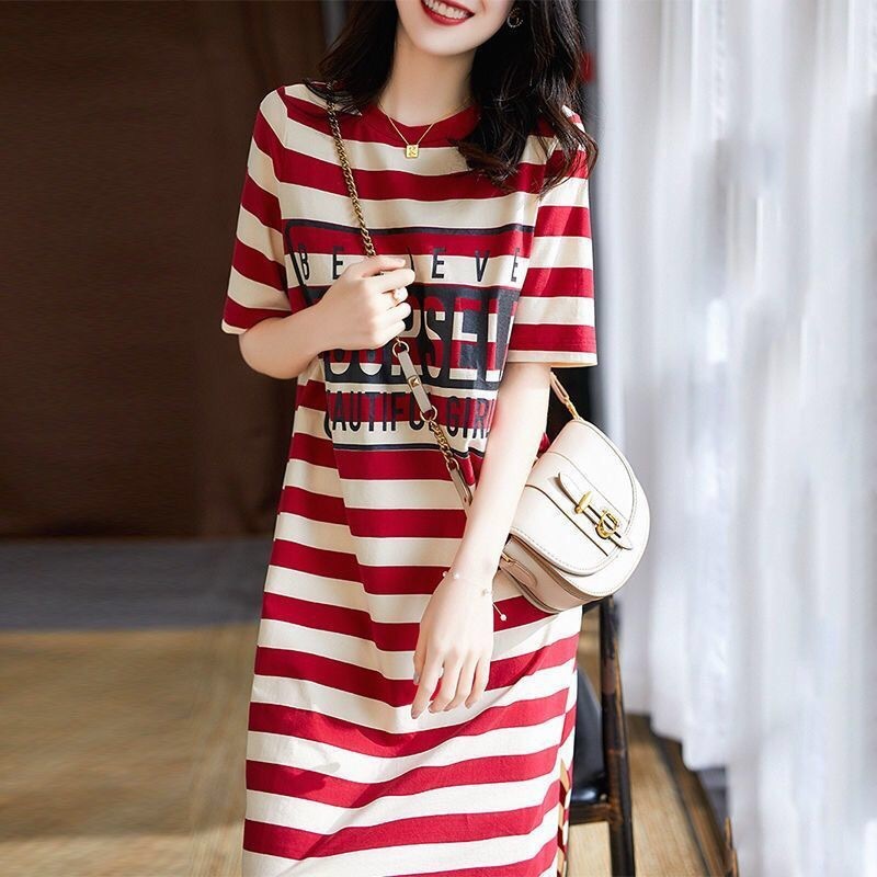 Women Casual Loose Stripe Printed Short Sleeve Dress