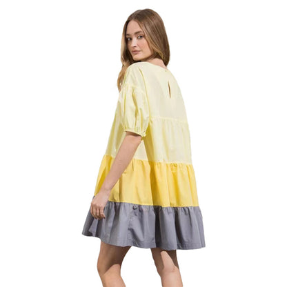 Women Fashion Casual Color Blocking Ruffled Short Sleeves Patchwork Dress