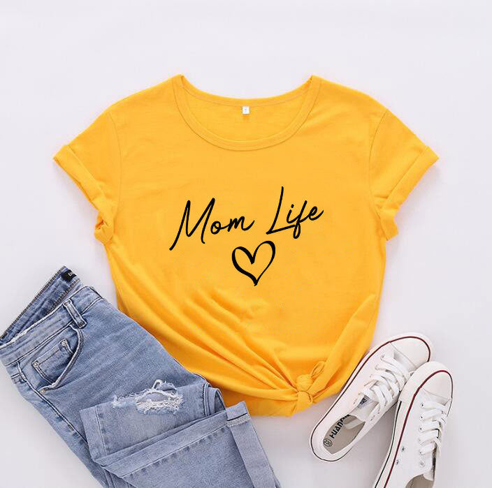 Camiseta informal de manga corta para mujer con texto "Mamá, vida de madre, feliz día de la madre"
