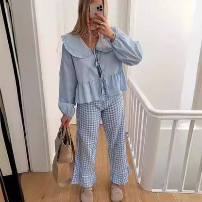 Camisa de encaje con cuello de muñeca de color liso informal a la moda para mujer