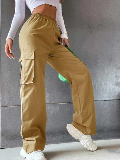 Women Loose Casual Solid Color High Waist Cargo Pants