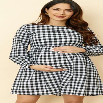 Spring And Autumn Pregnant Women Casual Plaid Print Round Neck Long Sleeve Dress