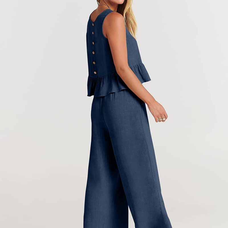 Conjunto de dos piezas de top informal sin mangas y pantalón ancho para mujer