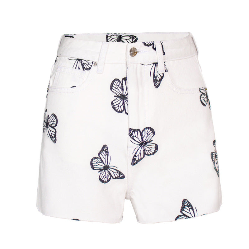 Women Fashion Casual Butterfly Printing High Waist Denim Shorts