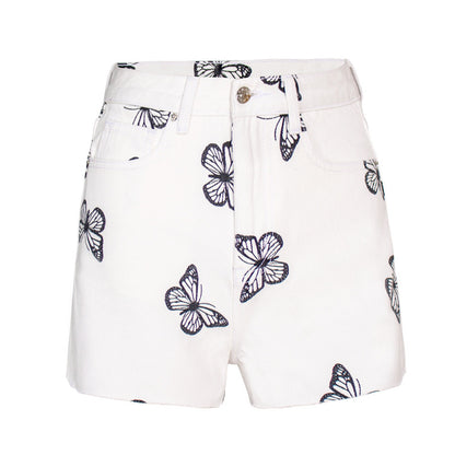Women Fashion Casual Butterfly Printing High Waist Denim Shorts
