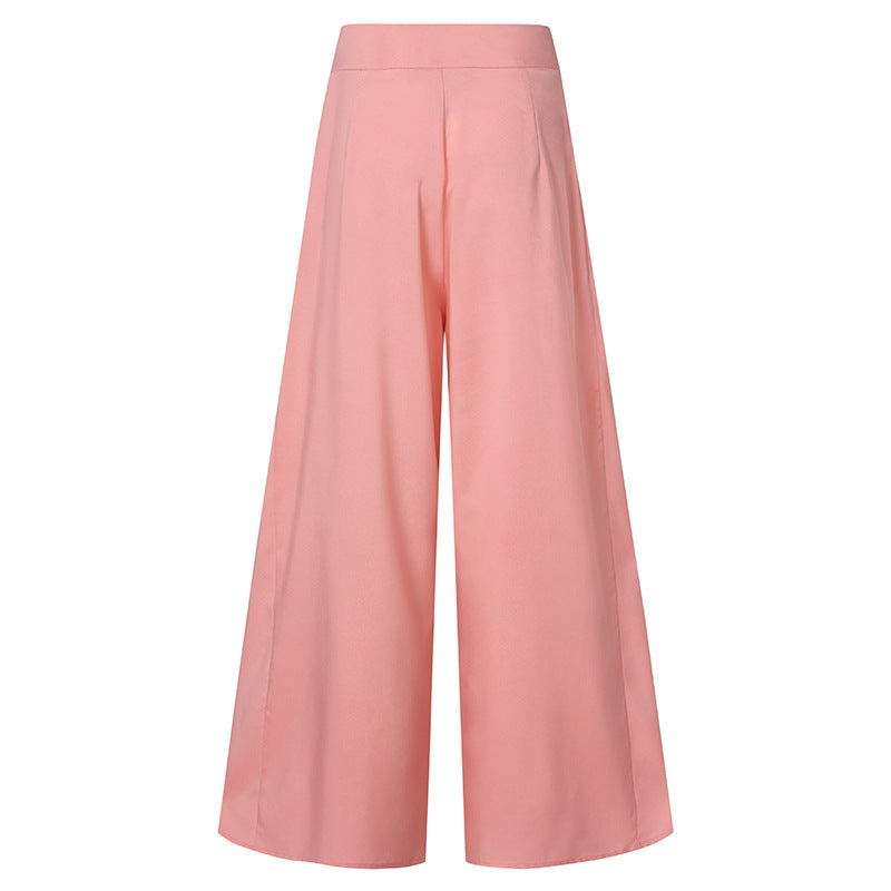 Women Fashion Casual Solid Color High Waist Wide Leg Thin Pants