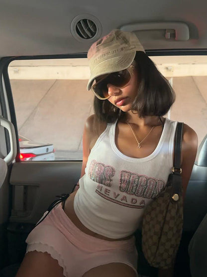 Women Fashion Casual Printed Rhinestone Slim-Fit Tank Top