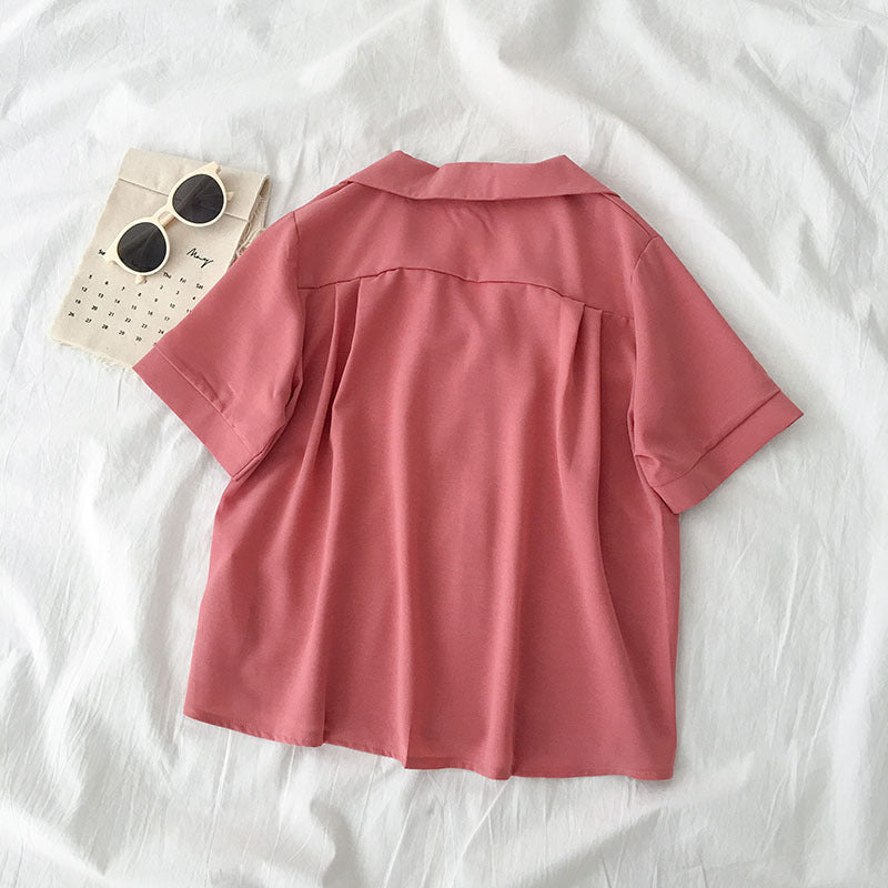 Blusa informal básica de verano para mujer, de color liso, con solapa y manga corta