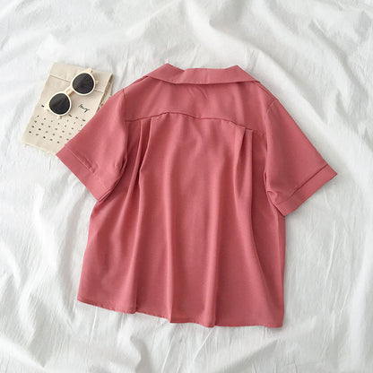 Blusa informal básica de verano para mujer, de color liso, con solapa y manga corta