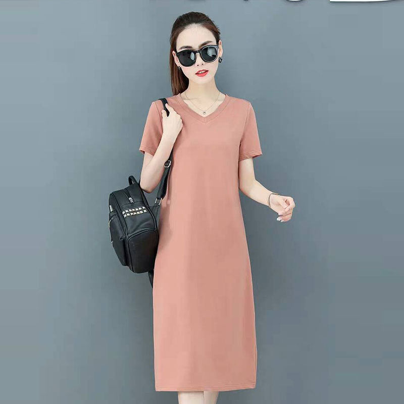 Women Fashion Casual Solid Color V Neck Short Sleeve Dress