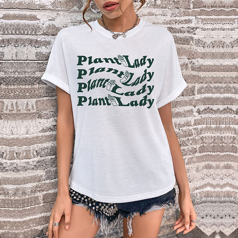 Camiseta informal de verano para mujer con estampado de letras, cuello redondo y manga corta