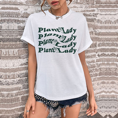Camiseta informal de verano para mujer con estampado de letras, cuello redondo y manga corta