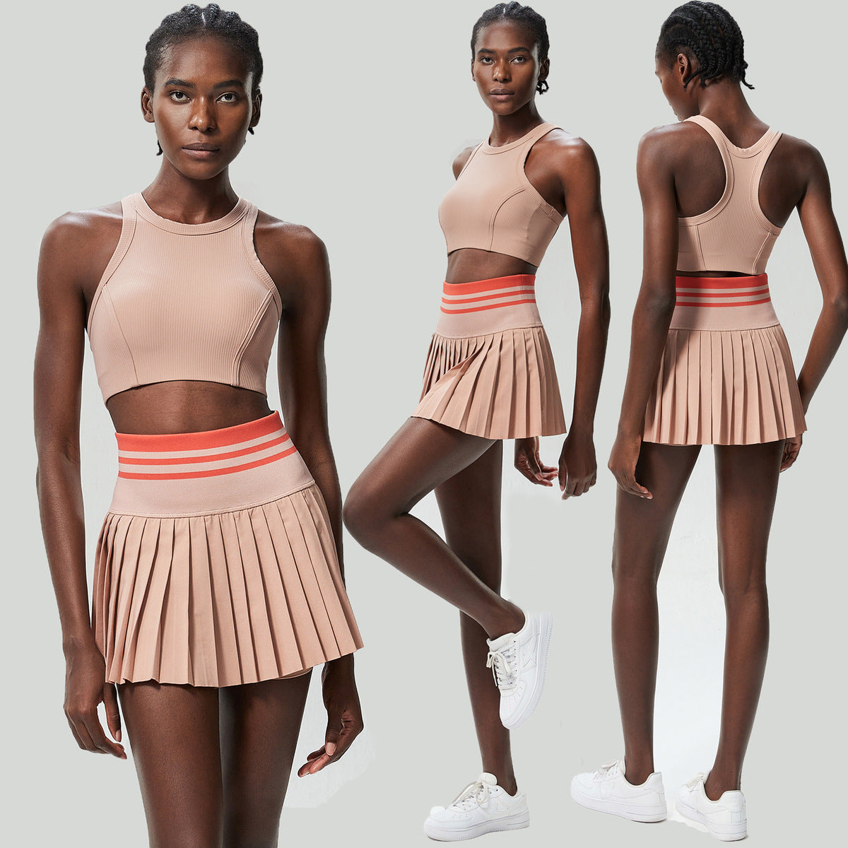 Conjunto de dos piezas de falda plisada de tenis con top deportivo de secado rápido para mujer, informal, de color sólido