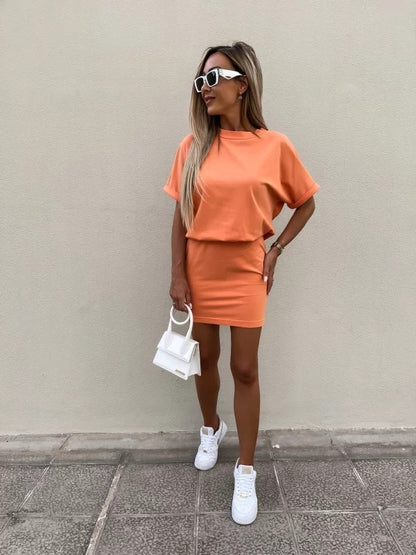 Fashion Summer Women Casual Solid Color Defined Waist Dress